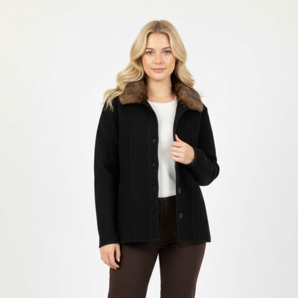 Lisa International Black & Brown Boiled Wool Button Up Fur Collar Jacket M